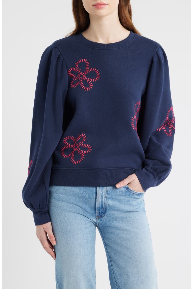 Tiffany Floral Embroidered Balloon Sleeve Cotton Sweatshirt, Main, color, NAVY