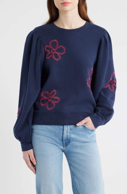 Tiffany Floral Embroidered Balloon Sleeve Cotton Sweatshirt