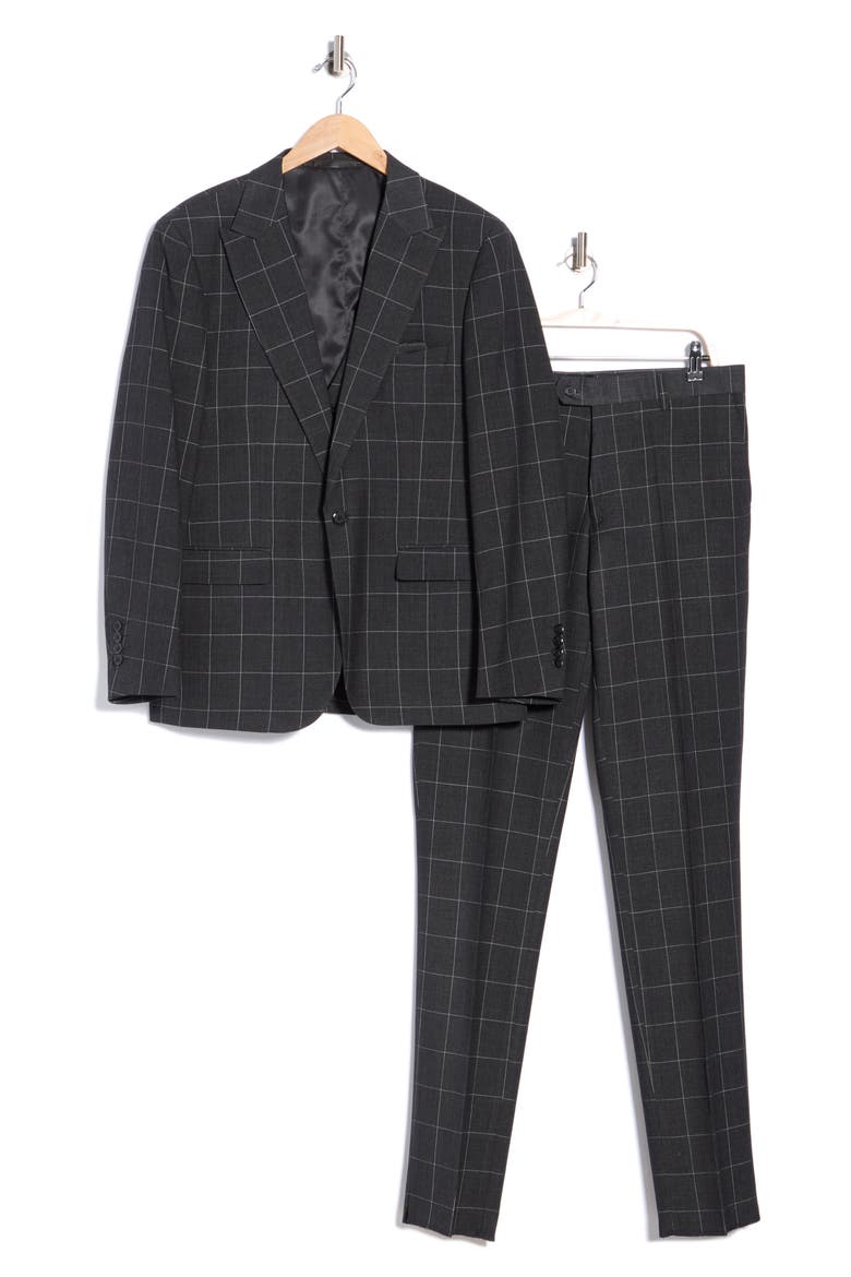 Windowpane Check Three-Piece Suit, Alternate, color, DARK GREY