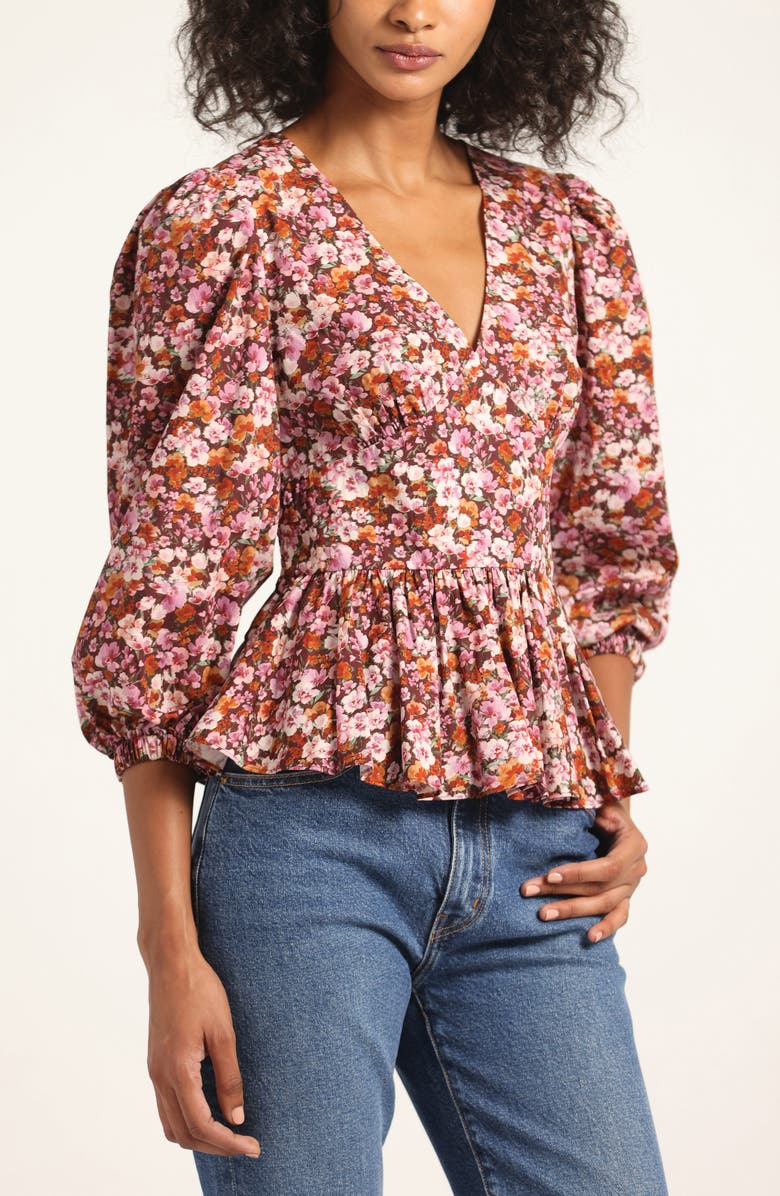 Derek Lam 10 Crosby Savannah V-Neck Peplum Top, Alternate, color, Burgundy Mini Floral
