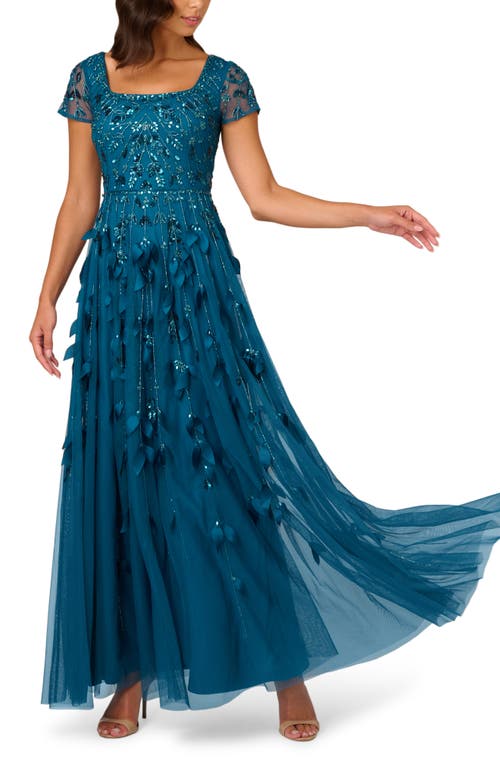 Adrianna Papell Beaded 3D Petal Cap Sleeve Mesh Gown in Teal Sapphire 