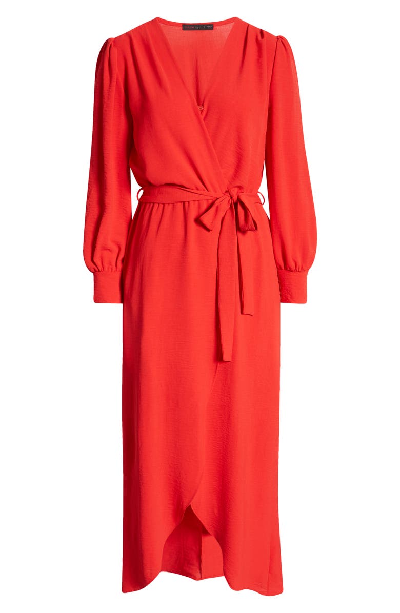 Fraiche by J Wrap Front Long Sleeve Dress, Alternate, color, Red