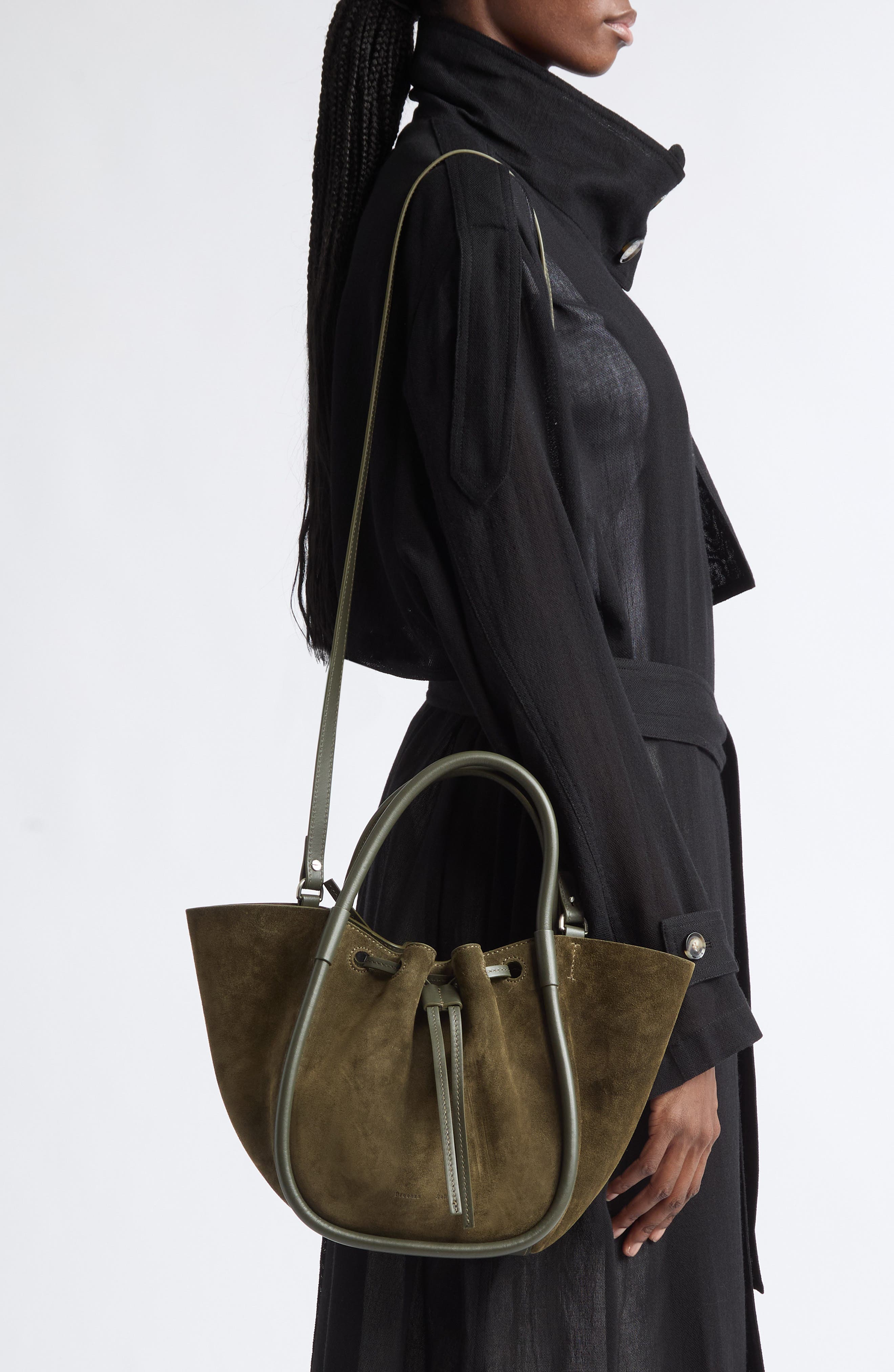 Small Ruched Leather Tote, Alternate, color, OLIVE 324