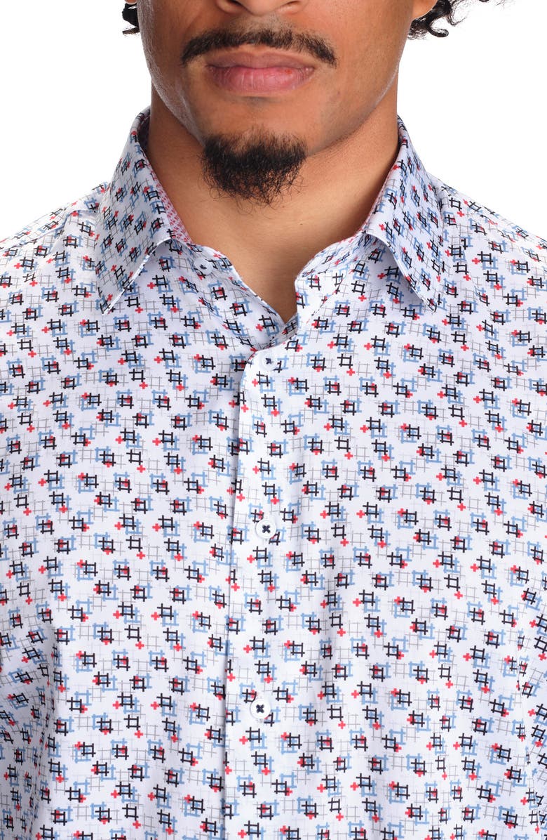STUDIO GARNET LOS ANGELES Geometric Print Stretch Cotton Button-Up Shirt, Alternate, color, White