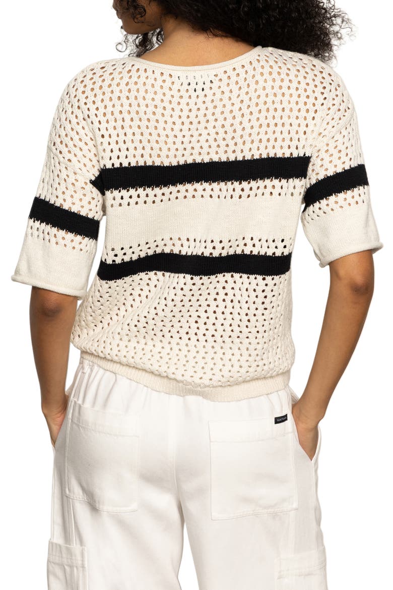 Stripe Open Stitch Elbow Sleeve Cotton Sweater, Alternate, color, BLACK/ CHALK STRIPE