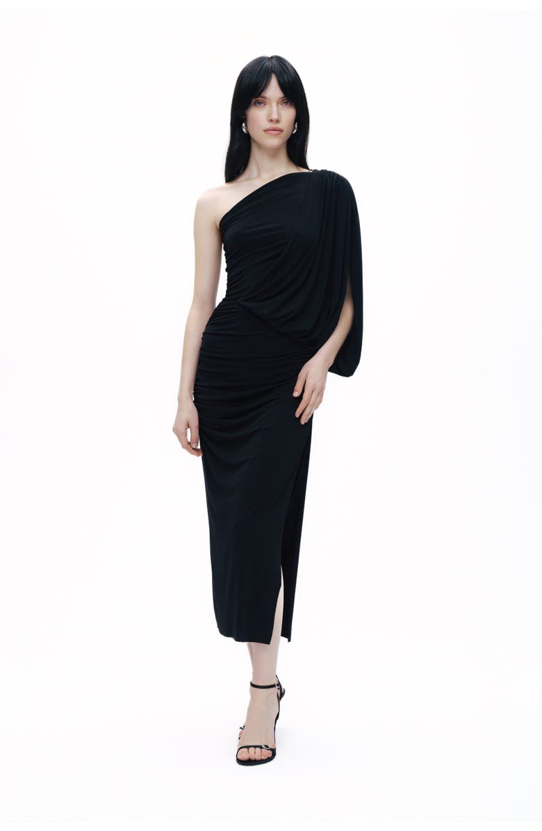 Nocturne Black One-Shoulder Draped Maxi Dress, Main, color,