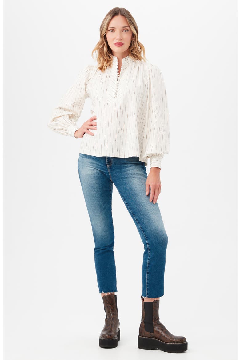 Sisi Stripe Long Sleeve Silk & Cotton Blend Shirt, Alternate, color, WHITE/ CAMEL