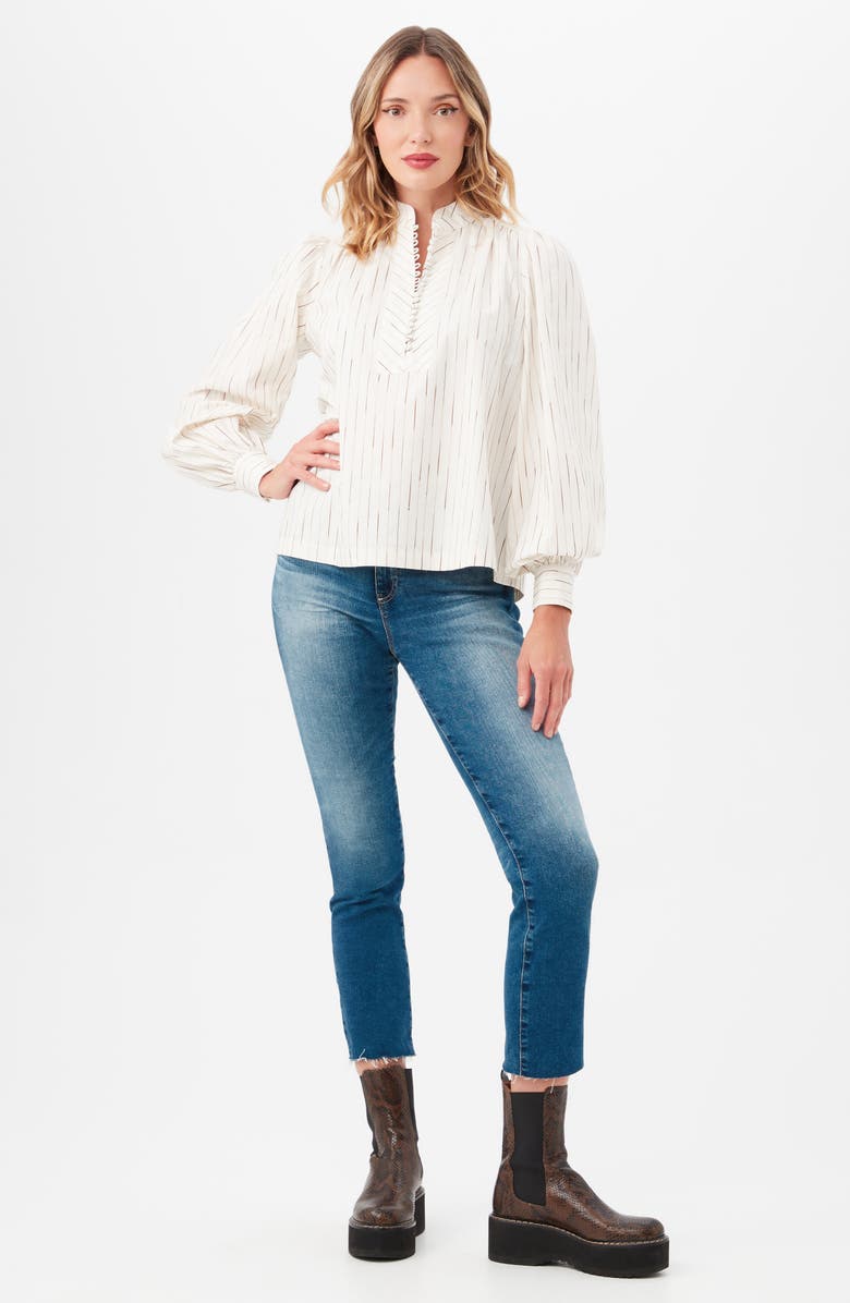 Trina Turk Sisi Stripe Long Sleeve Silk & Cotton Blend Shirt, Alternate, color, White/ Camel