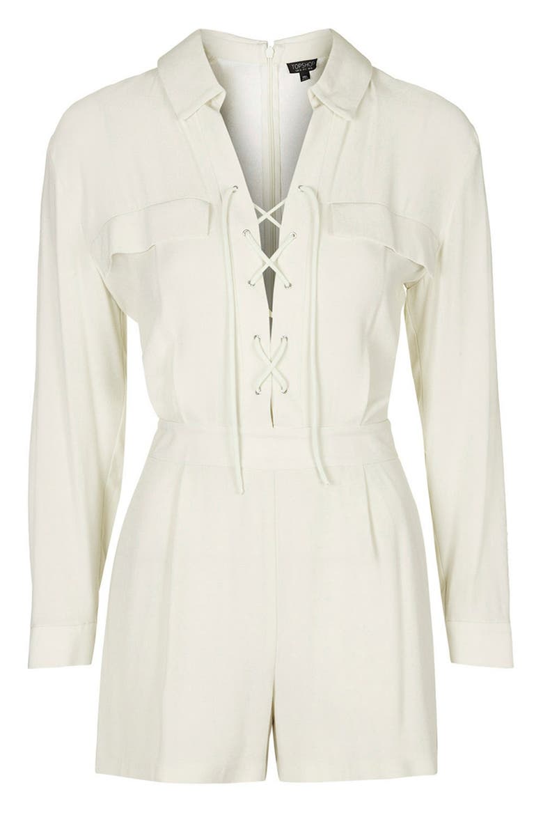 Lace-Up Long Sleeve Romper, Alternate, color, CREAM
