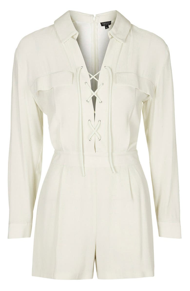 Topshop Lace-Up Long Sleeve Romper, Alternate, color, Cream
