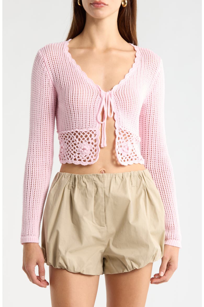 Crochet Detail Tie Front Sweater, Main, color, LIGHT PINK