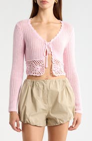 All in Favor Crochet Detail Tie Front Sweater