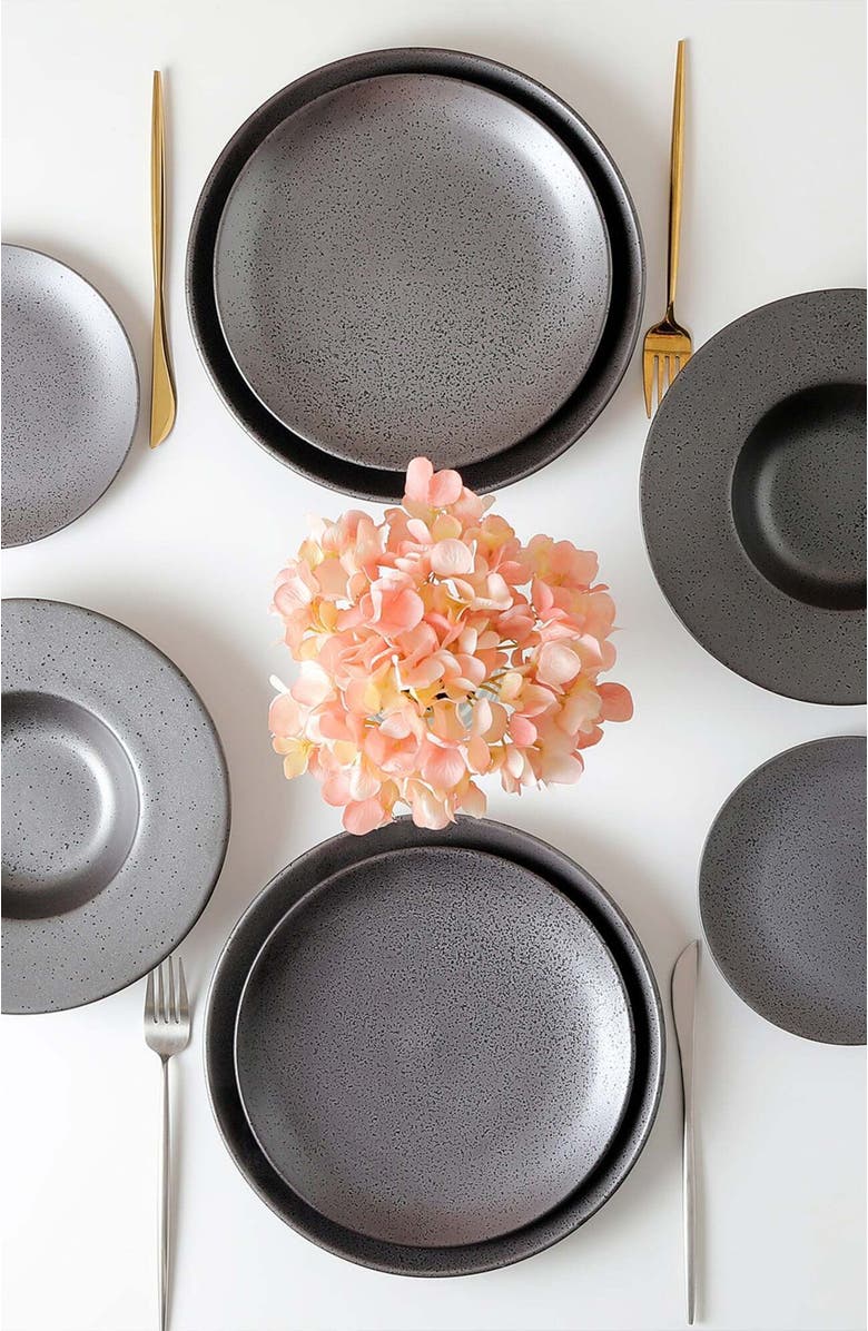 Stone Lain Valencia Porcelain 16-Piece Dinnerware Set, Alternate, color, Metallic Grey