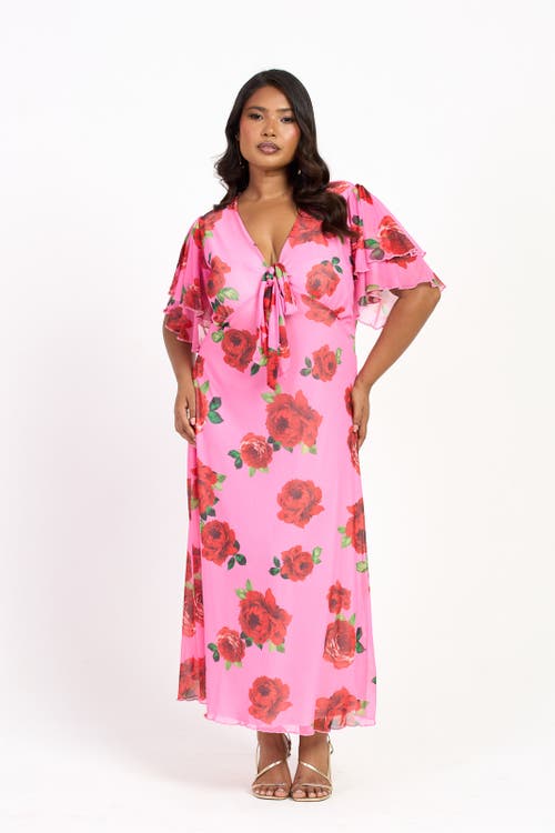 Fashion-szn Curve Flutter Sleeve Tie Front Midi Dress In Pink