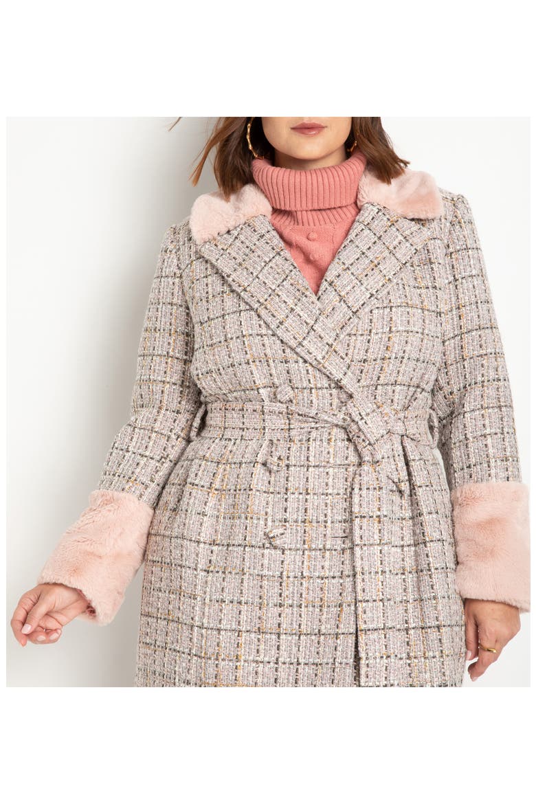 Tweed Longline Jacket with Faux Fur Trim, Alternate, color, SILVER PINK