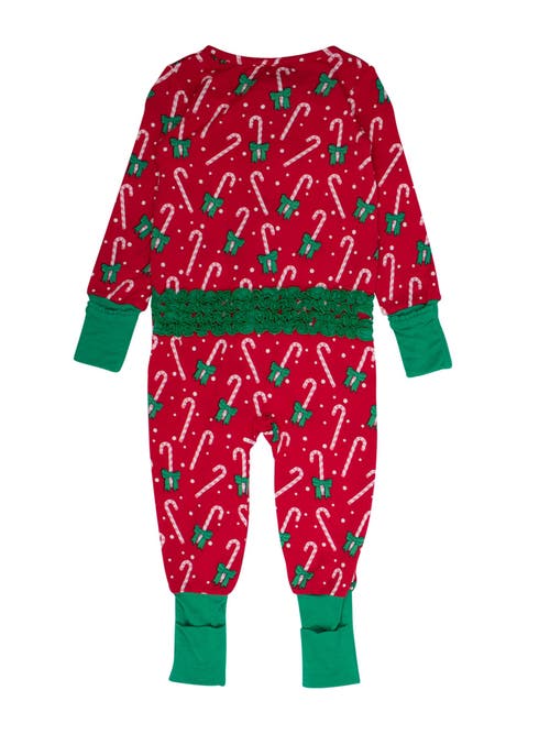 Rufflebutts Girls Softsnooze Holiday Convertible Ruffle One Piece Pajama In Animal Print