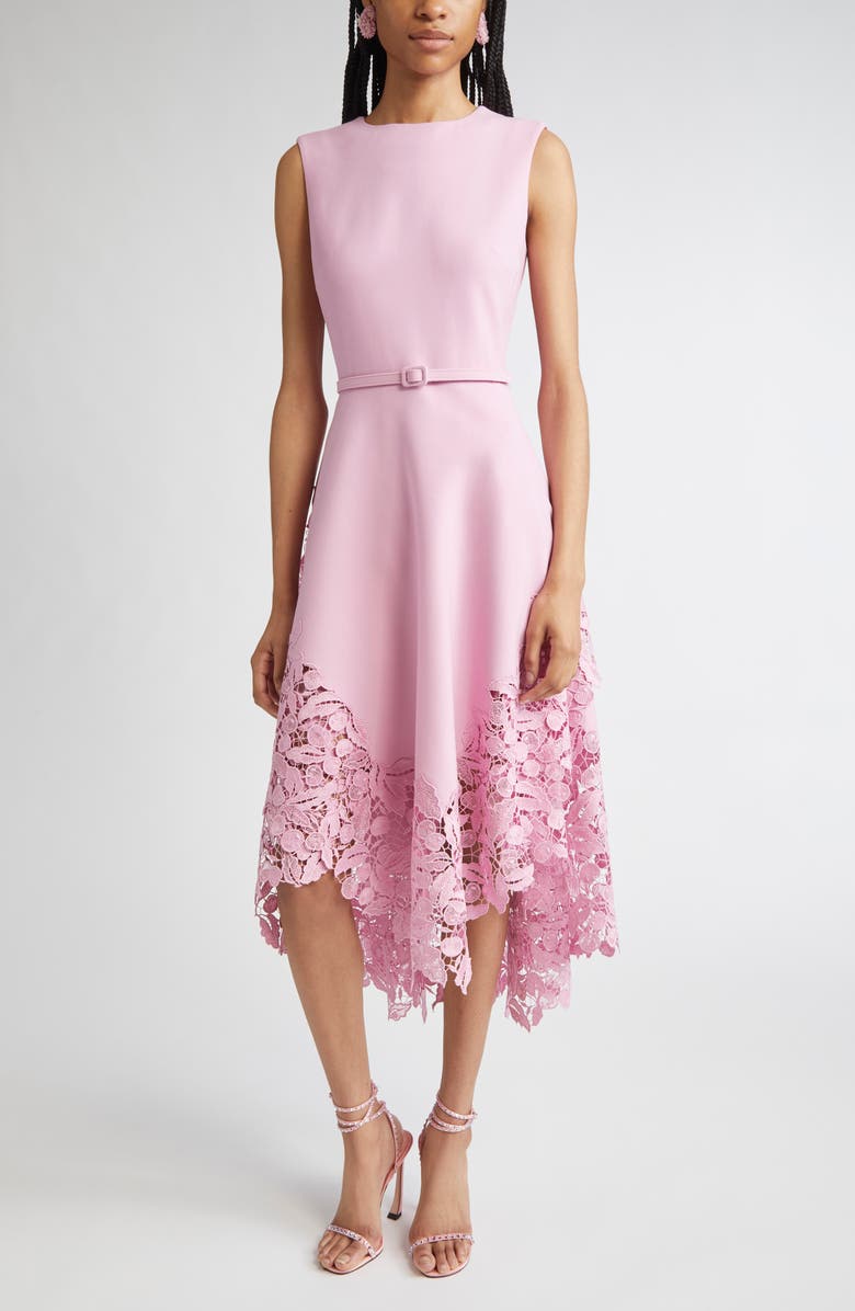 Oscar de la Renta Cherry Blossom Guipure Lace Trim Belted Midi Dress, Main, color, Lily