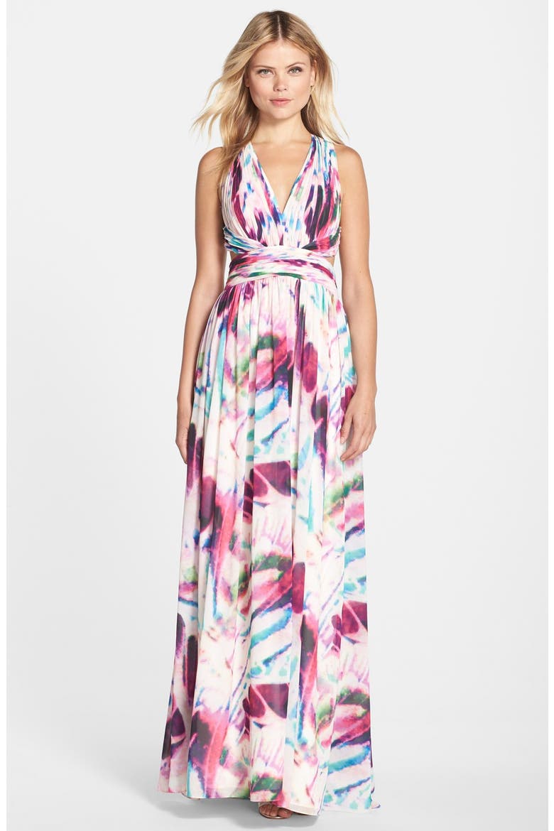 Print Chiffon Open Back Gown, Main, color, PINK MULTI