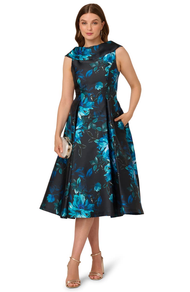 Adrianna Papell Roll Neck Taffeta Fit & Flare Dress, Alternate, color, Navy Multi