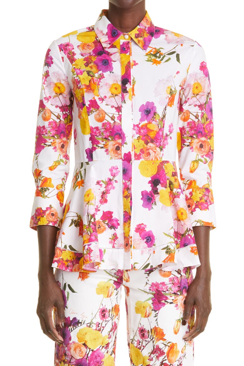 Floral Print Peplum Button-Up Shirt, Main, color, IVORY FLORAL