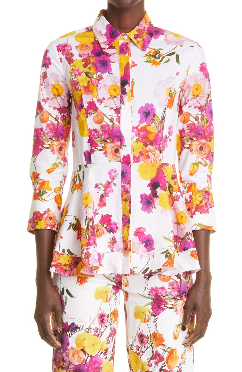 Adam Lippes Floral Print Peplum Button-Up Shirt, Main, color,