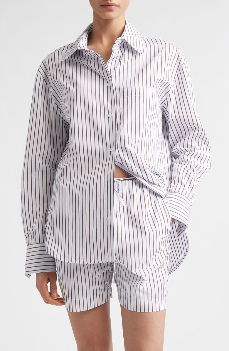 LOULOU DE SAISON Maud Stripe Oversize Cotton Poplin Button-Up Shirt, Main, color, Dark Red/ Light Blue