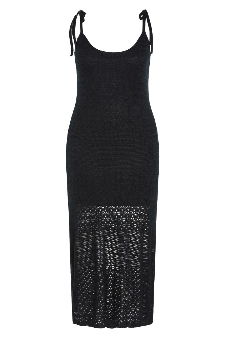 Sweet Tie Strap Open Stitch Midi Dress, Alternate, color, BLACK