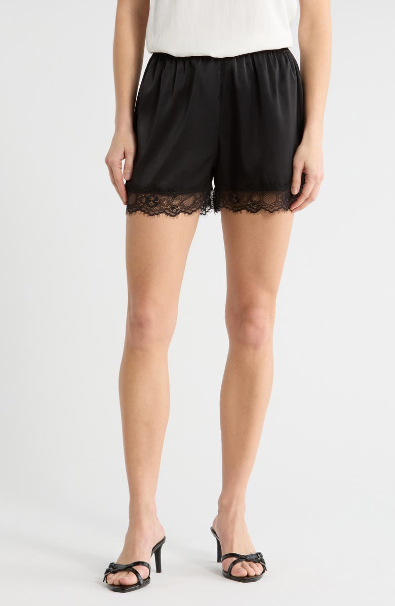 NSR Lace Trim Satin Shorts, Main, color, Black