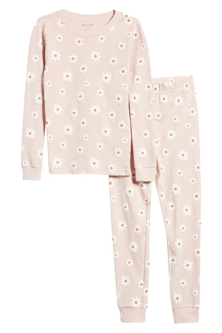 Kids' Glow in the Dark Daisy Print Fitted Organic Cotton Two-Piece Pajamas, Main, color, 400 PINK