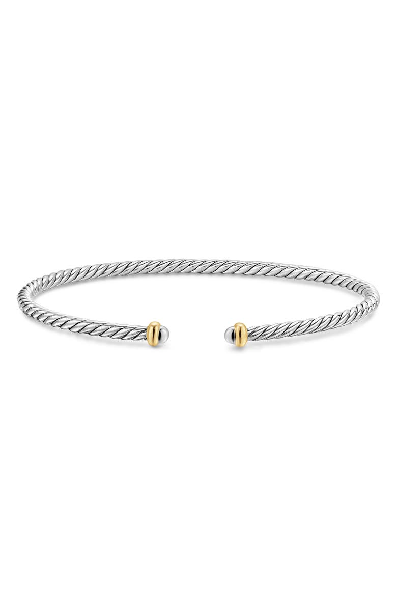 David Yurman Micro Cable Flex Sterling Silver & Yellow Gold Open Bracelet, 2.6mm, Alternate, color, Silver
