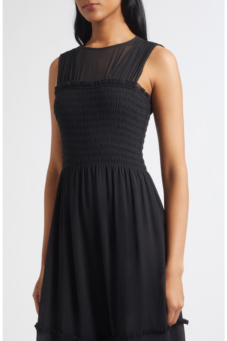 Mila Smocked Silk Midi Dress, Alternate, color, BLACK