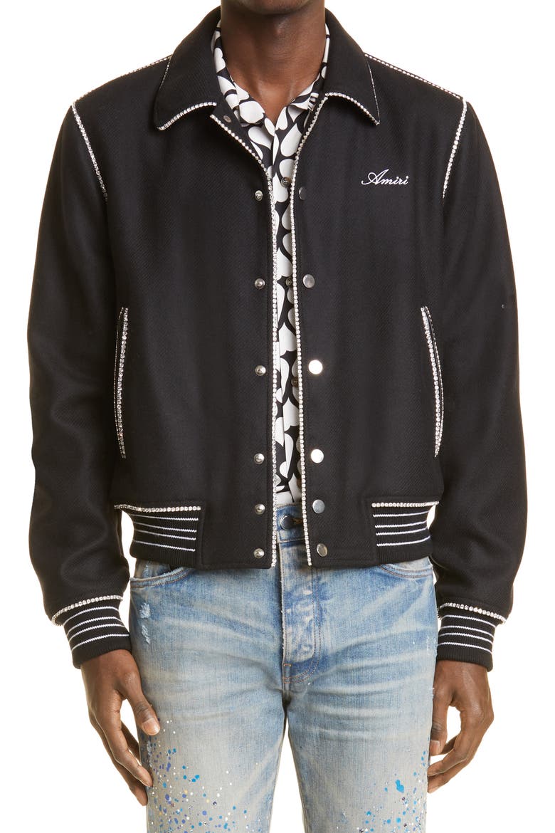 Cherub Crystal Embellished Wool Blend Bomber Jacket, Main, color, BLACK
