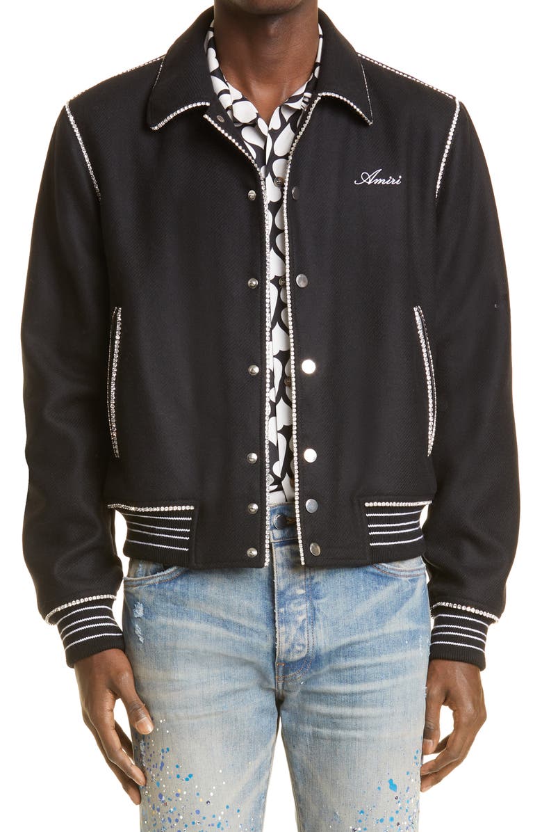 AMIRI Cherub Crystal Embellished Wool Blend Bomber Jacket, Main, color, 