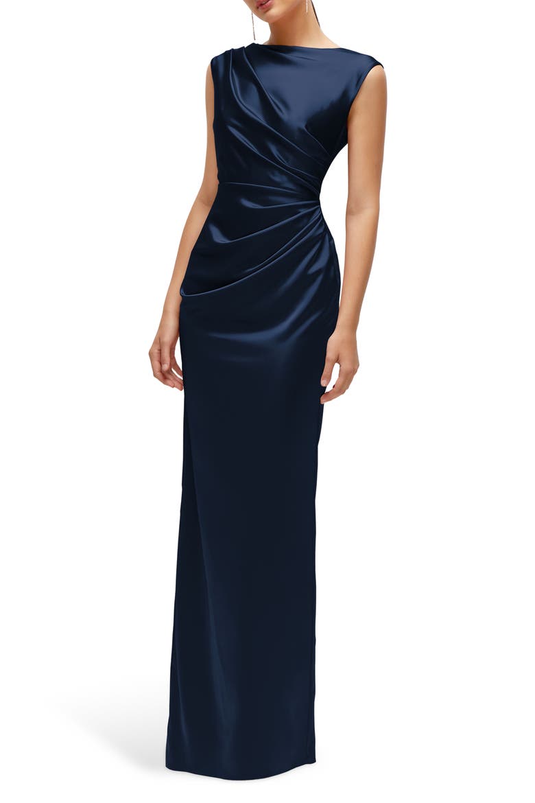 Pleated Cap Sleeve Charmeuse Gown, Alternate, color, MIDNIGHT