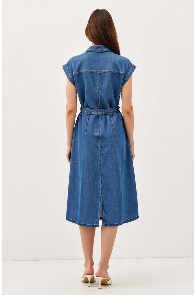Sleeveless Denim Midi Shirt Dress with Button Front and Tie Waist, Alternate, color, Blue
