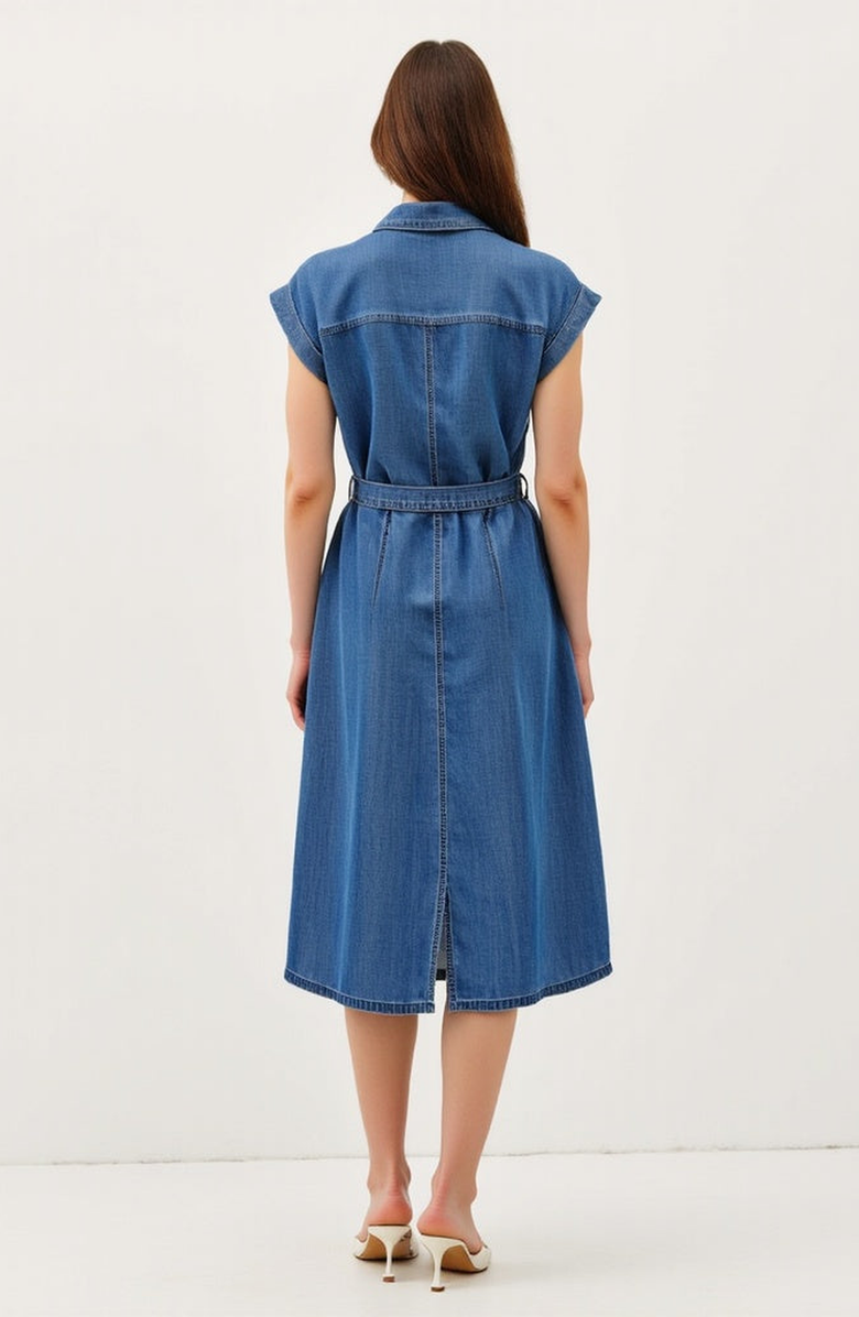 Modenaire Sleeveless Denim Midi Shirt Dress with Button Front and Tie Waist, Alternate, color, Blue