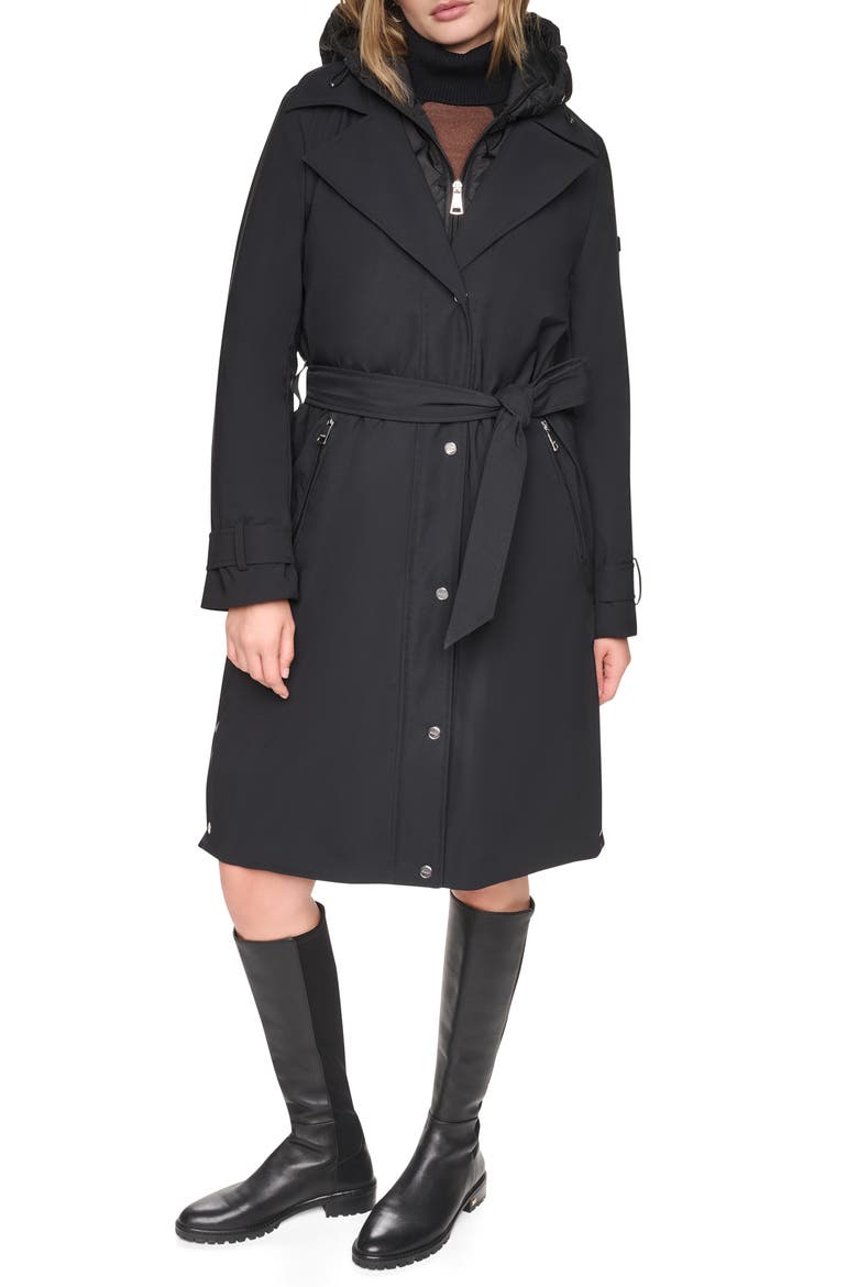 Mixed Media Trench Coat, Alternate, color, BLACK