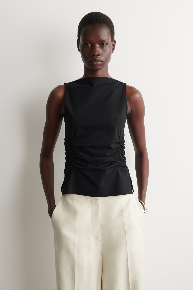 Ruched-waist Cotton-jersey Tank Top, Main, color, BLACK