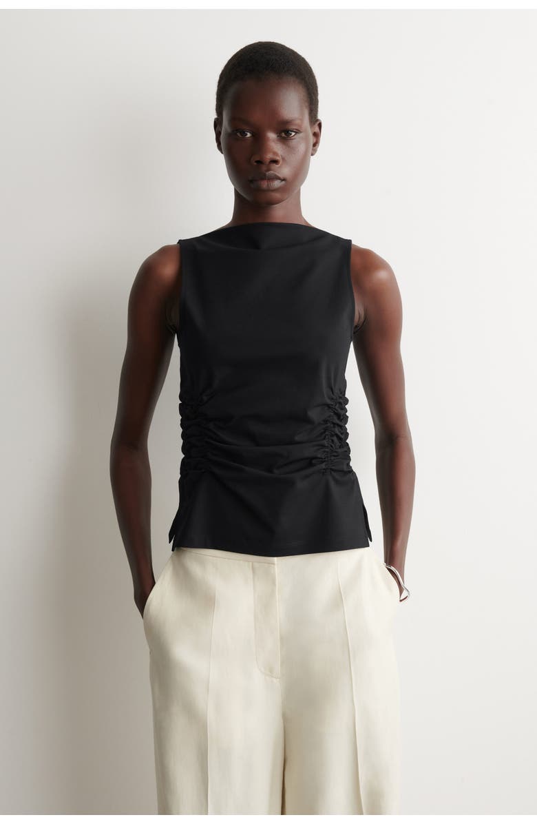 COS Ruched-waist Cotton-jersey Tank Top, Main, color, Black