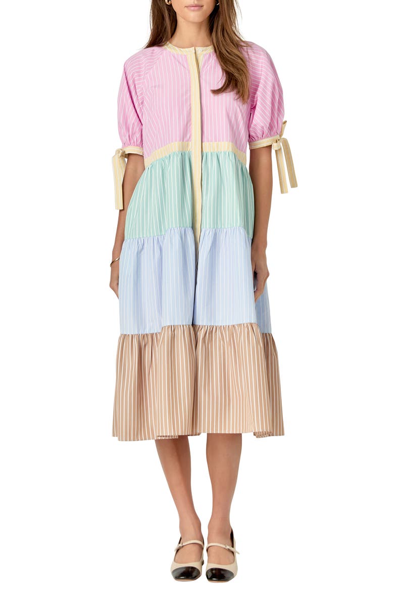 Colorblock Stripe Tiered Shirtdress, Main, color, MULTI