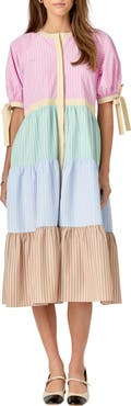 English Factory Colorblock Stripe Tiered Shirtdress