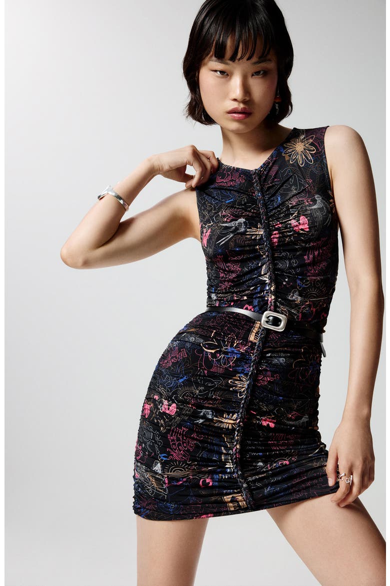 Graffiti Print Body-Con Minidress, Alternate, color, BLACK