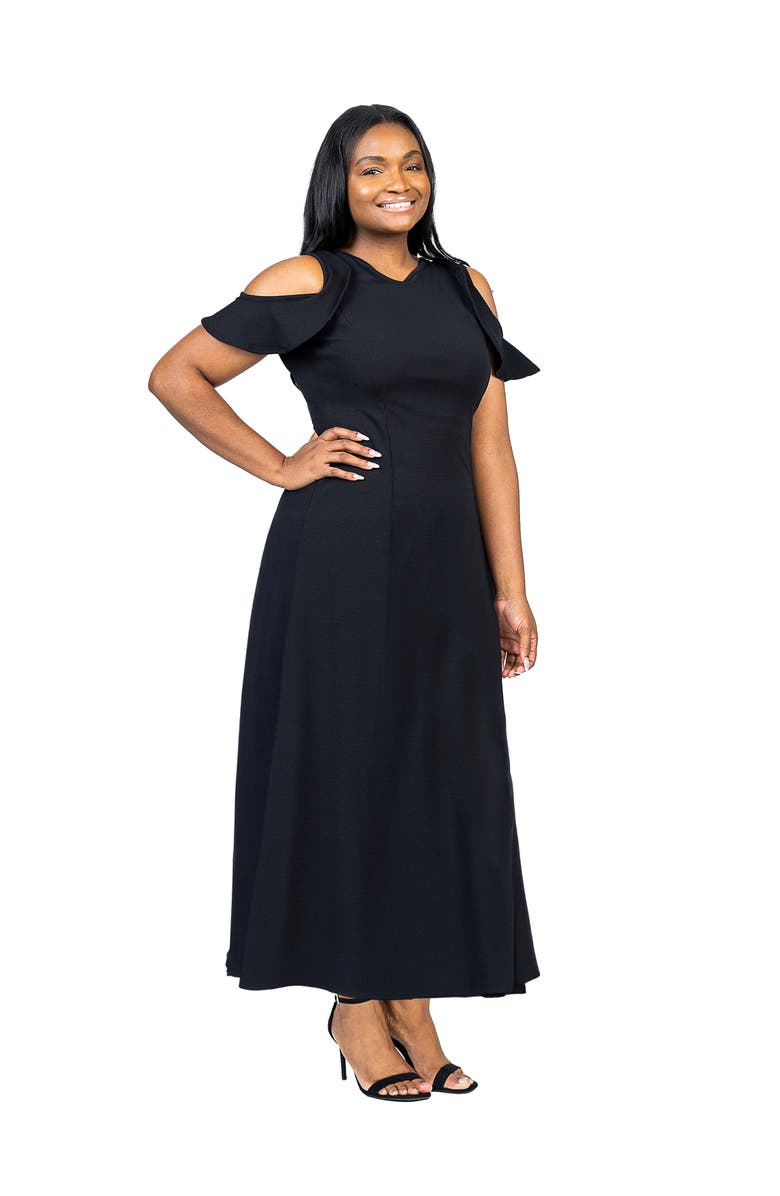 24seven Comfort Apparel Ruffle Cold Shoulder A-Line Maxi Dress, Alternate, color, Black