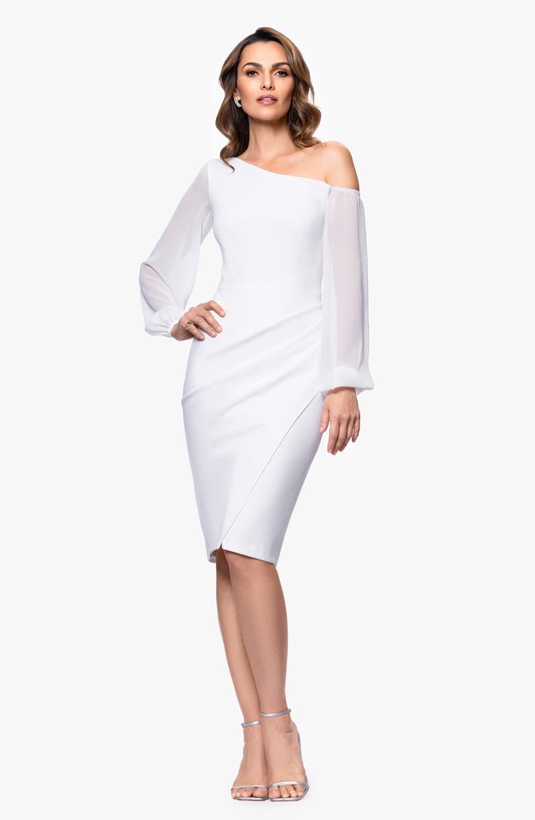 Betsy & Adam Sheer Sleeve One-Shoulder Scuba Crepe Cocktail Dress, Alternate, color, Ivory