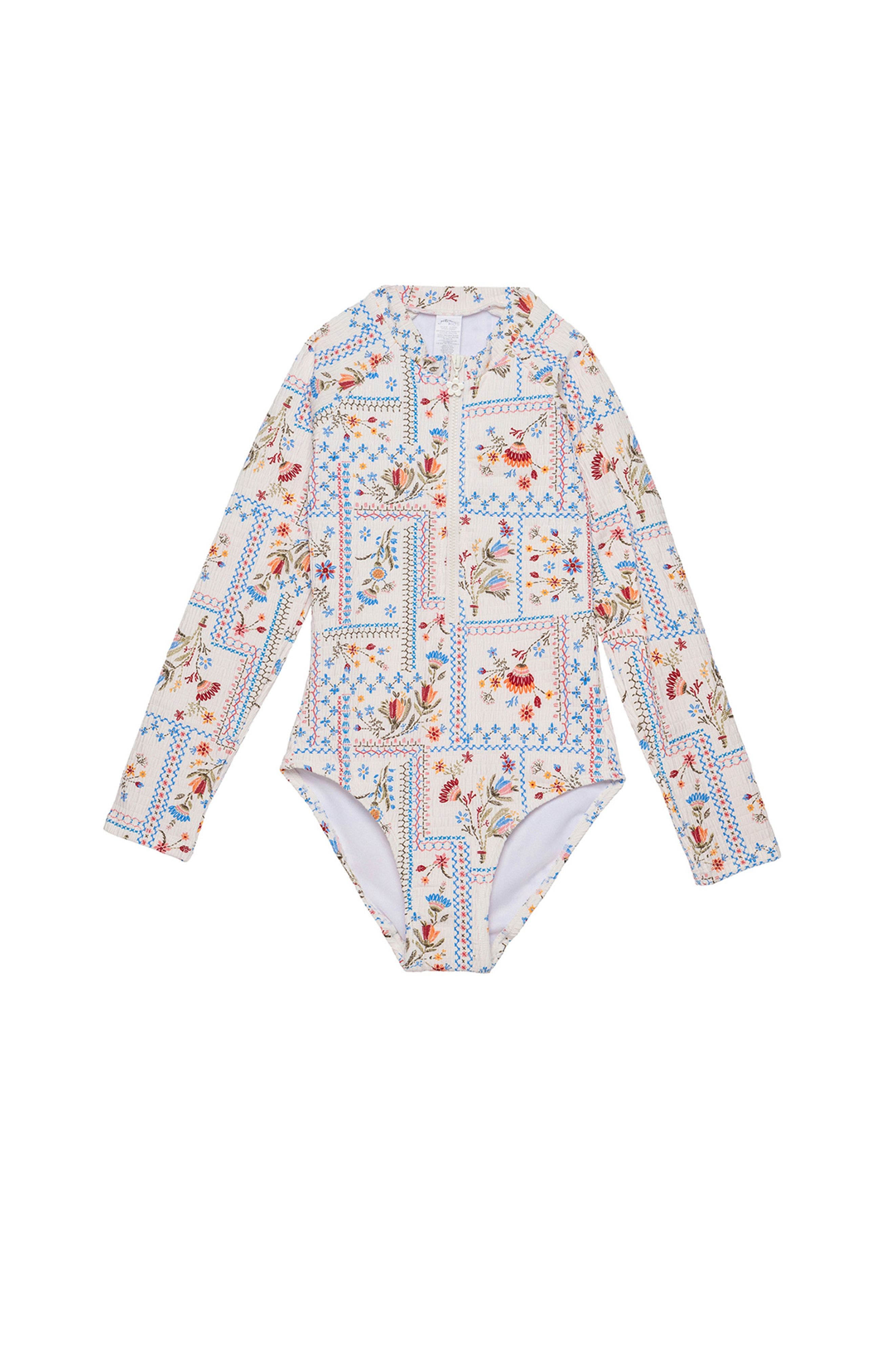 Gottex Kids Floral Soul Textured Long Sleeve Zip Front One Piece