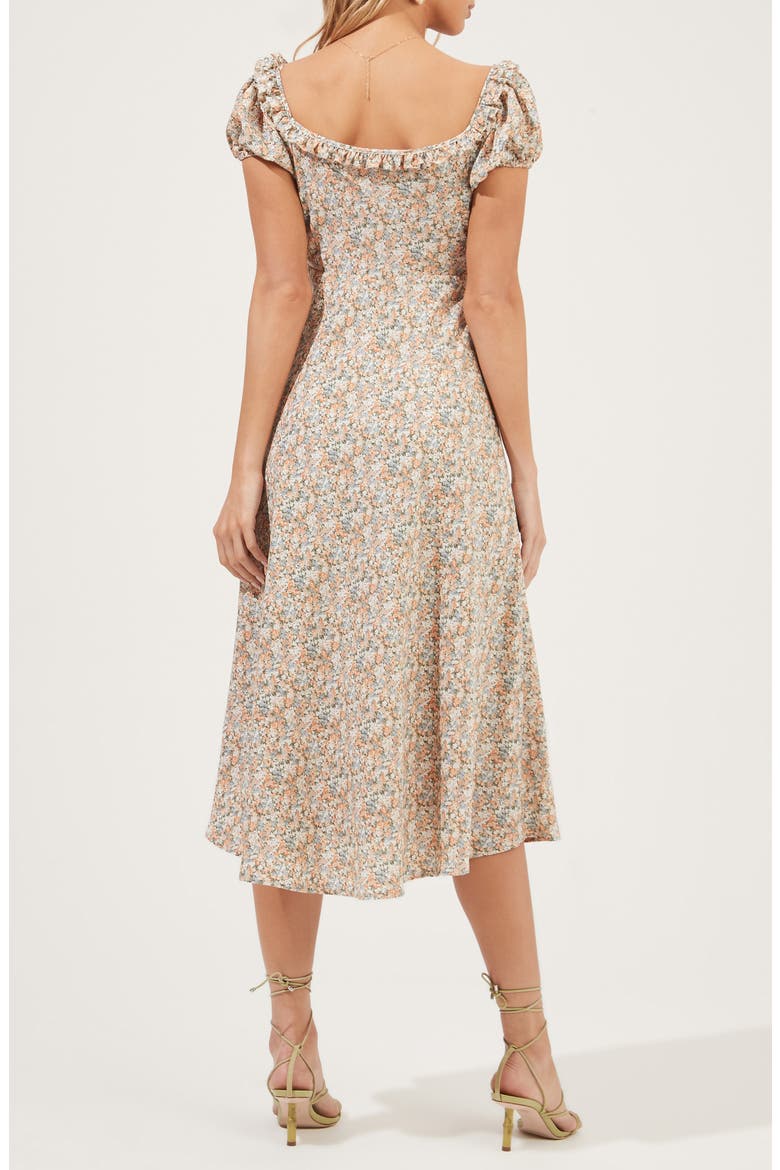 Ditsy Floral Ruffle Neck Midi Dress, Alternate, color, TAUPE-CORAL FLORAL