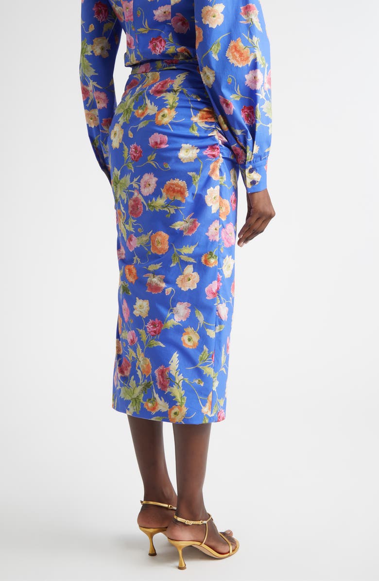 Carolina Herrera Poppy Print Ruched Pencil Skirt, Alternate, color, Bluebell Multi