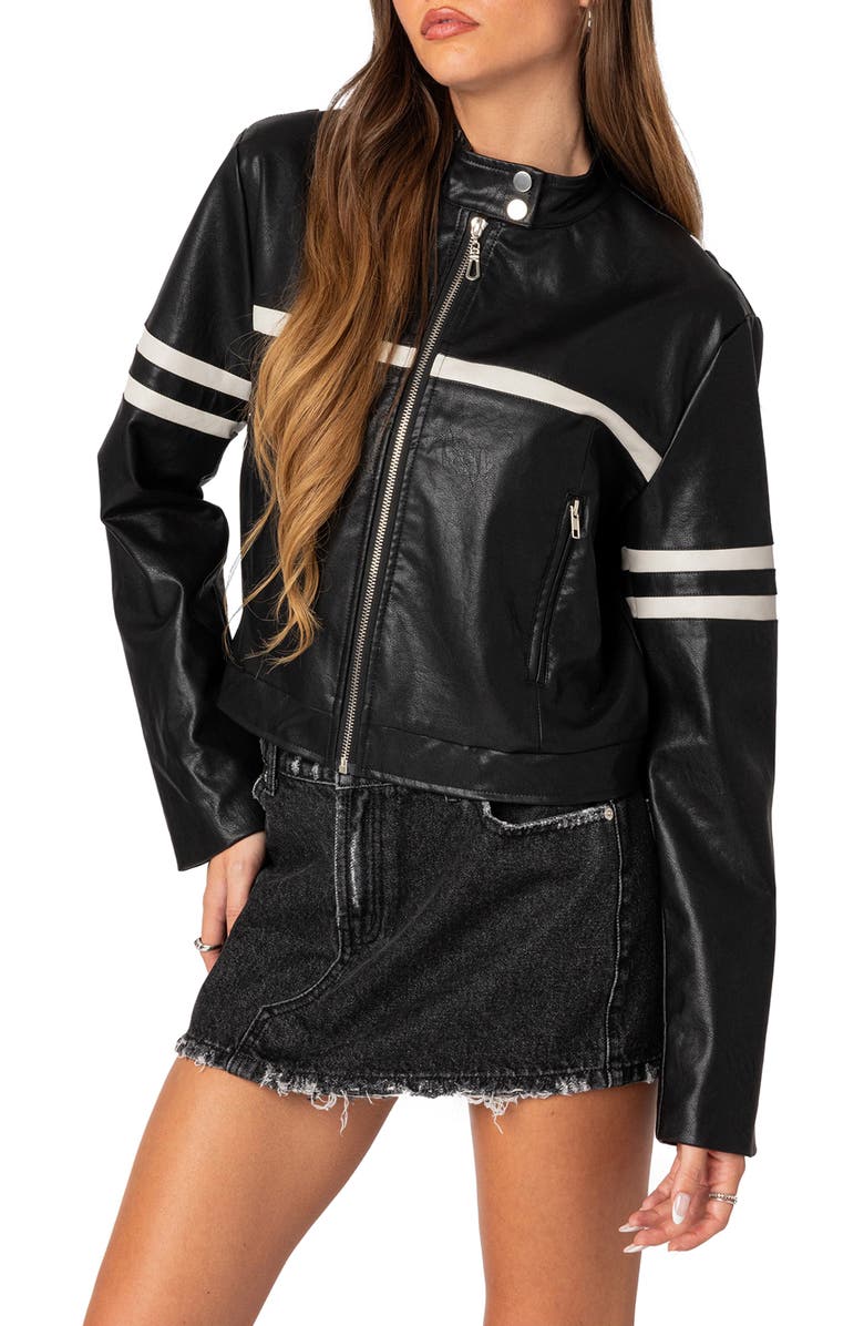 EDIKTED Rockstar Oversize Faux Leather Jacket, Main, color, Black-And-White