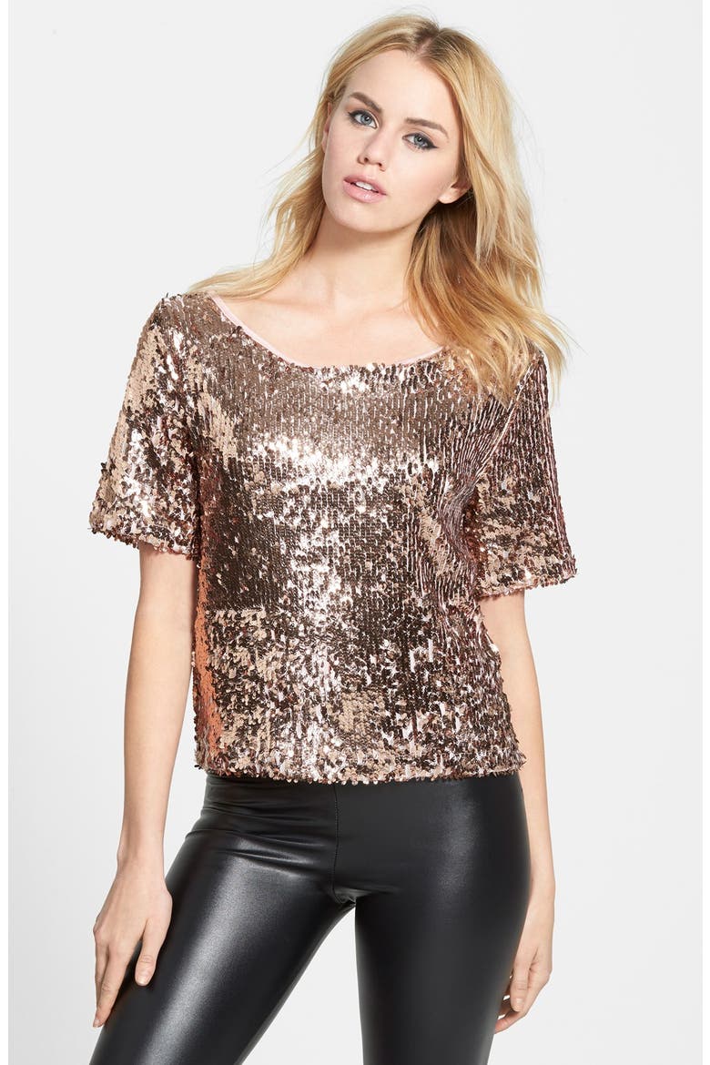 Short Sleeve Sequin Top, Main, color, METALLIC BUBBLE