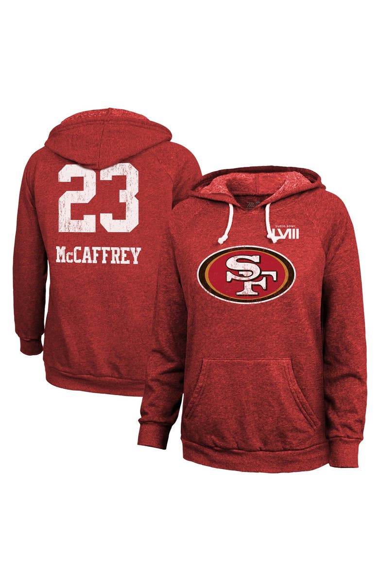 Majestic Threads Women's Majestic Threads Christian McCaffrey Scarlet San Francisco 49ers Super Bowl LVIII Name & Number Tri-Blend Pullover Hoodie, Main, color, 